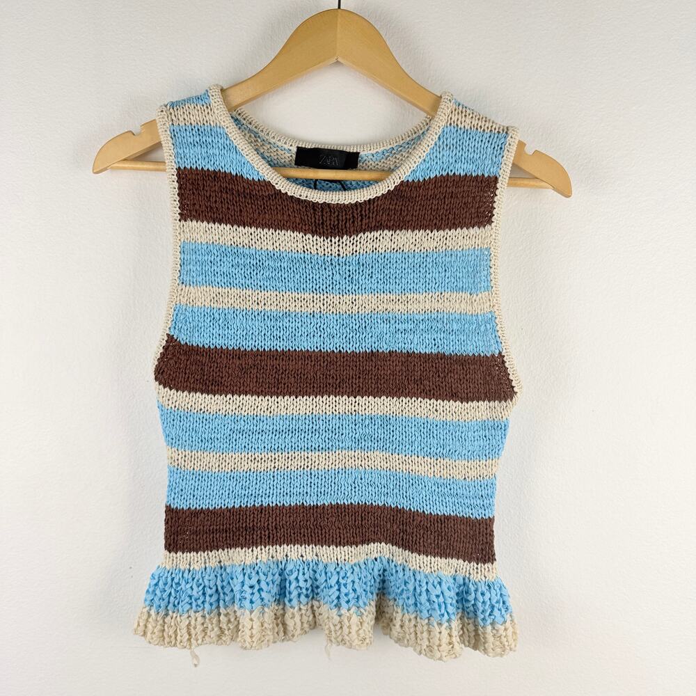 Zara Cream Blue Brown Women's Large Crochet Knit Striped Sweater Vest Top Peplum